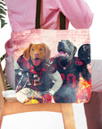 Personalized 2-pet tote bag with dogs in Atlanta Falcons football uniforms, fiery background.