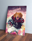 Personalized pet canvas featuring a dog in a red football uniform with "Marcus" written above.
