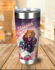 Personalized stainless steel tumbler with a dog in a football uniform and "Marcus" printed on it.
