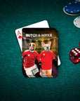 Custom playing card featuring two dogs in red soccer uniforms, "Butch & Myke" text.