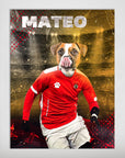 Personalized pet poster featuring a dog's head on a soccer player in a red uniform, with "MATEO" above.