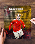 Personalized pet puzzle featuring a dog in a red soccer uniform with "MATEO" above, on a wooden table.