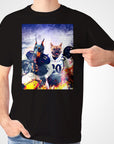 Black Gildan t-shirt with a personalized graphic of two pets dressed as football players.