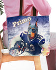 Personalized tote bag with a Doberman pet portrait in a football uniform.