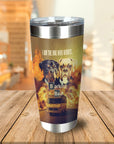 Personalized stainless steel tumbler with two dogs in suits, "Barking Bad" text, and a burning RV.