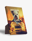 Barking Bad" personalized pet standing canvas featuring a dog in glasses, an RV, and explosions.