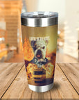 Personalized stainless steel tumbler with a custom dog portrait in a "Barking Bad" style, featuring explosions and a RV.