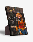 Personalized standing canvas featuring a black dog as Batdog and a brown dog as Wonder Doggette against a city background.