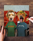 Personalized 2 pet puzzle featuring dogs in "Beavis and Buttsniffer" style, on a wooden table.