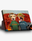 Personalized 'Beavis and Buttsniffer' 2-pet standing canvas featuring dogs in green "AC/DOGGOS" and blue "DOGTALICA" shirts.