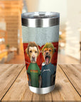 Personalized stainless steel tumbler with two dogs in cartoon rock band outfits.