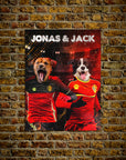 Personalized "Belgium Doggos" poster featuring two dogs in red soccer jerseys on a brick wall.