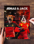 Personalized 2-pet puzzle featuring dogs in red Belgium soccer jerseys with names "Jonas & Jack.