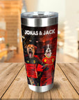 Personalized stainless steel tumbler with two dogs in Belgium soccer jerseys and names "Jonas & Jack.