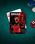 Custom pet portrait playing card featuring a dog in a Belgium soccer jersey, "JONAS" text, on a green felt table.