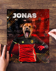 Custom pet puzzle featuring a dog in a red and black Belgium soccer jersey, with the name "JONAS".
