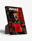 Personalized pet standing canvas featuring a dog's head on a soccer player in a red and black Belgium jersey.