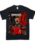 Black Gildan t-shirt with a personalized design featuring a dog's head on a soccer player's body.