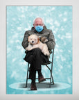 Personalized poster featuring a man in a mask and mittens holding a fluffy dog, against a light blue background.