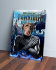 Custom 'Black Pawnther' pet canvas featuring a brown dog's head on a superhero body with blue flames.