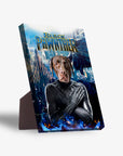 Personalized 'Black Pawnther' pet portrait standing canvas featuring a chocolate lab in a superhero suit.
