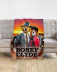 Personalized 2-pet minky blanket featuring a golden retriever and cavalier king charles spaniel in "Boney & Clyde" renaissance portraits.