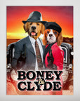 Personalized 'Boney and Clyde' poster featuring two pets dressed as gangsters, with a classic car and sunset.