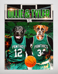 Personalized 'Boston Walkies' poster featuring a black lab and boxer in green basketball jerseys with names "Ollie & Tyler".