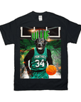 Black Gildan t-shirt with a personalized graphic of a black lab in a green "Pawthics 34" basketball jersey.