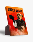 Personalized "Bruce Doggo" pet standing canvas featuring a dog in a martial arts pose on an orange background.