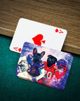 Custom playing cards featuring two personalized pet portraits in Buffalo Bills football jerseys.