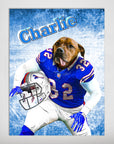 Personalized pet poster featuring a dog's head on a football player's body in a blue jersey, holding a helmet, with "Charlie" text.