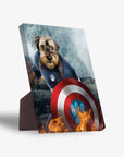 Personalized Captain Doggmerica pet portrait standing canvas featuring a dog in a superhero suit with a shield.