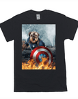 Black Gildan t-shirt featuring a personalized dog portrait as Captain America with shield and flames.