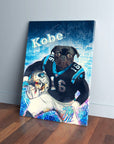 Personalized pet canvas featuring a black pug in a Carolina Panthers football uniform, named "Kobe".