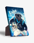Personalized standing canvas featuring a black pug in a Carolina Panthers football uniform, holding a helmet.