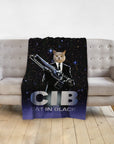 Personalized pet blanket with a cat in a black suit holding a weapon, "CIB Cat in Black" text.