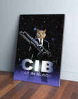 Personalized 'Cat in Black' canvas featuring a pet's head on a suit-wearing body holding a large gun, against a starry background.