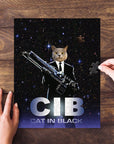 Personalized pet puzzle: cat in black suit holding a gun, against a starry background.