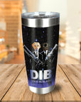 Personalized stainless steel tumbler with two dogs dressed in black suits, holding guns, against a starry background.