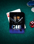 Custom personalized playing cards featuring two cats in black suits, like 'Men in Black,' on a green felt table with poker chips and dice.