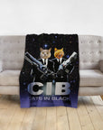 Personalized 'Cats in Black' pet blanket with two cats in suits holding futuristic guns against a starry background.