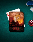 Personalized 'Catzilla' playing card featuring a custom pet portrait of an orange and white cat over a city.