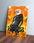 Personalized 'Charlie's Doggo' pet canvas featuring a dog's head on a human body surrounded by flames.