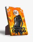 Personalized pet standing canvas featuring a dog's head on a figure in a black dress against a fiery background.