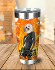 Personalized stainless steel tumbler with a Maltese dog's head on a figure in a black outfit, surrounded by flames.