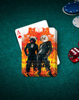 Personalized playing cards featuring two dogs in suits with a fiery background, on a green poker table.