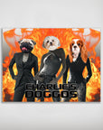 Personalized 3-pet poster featuring a pug, Maltese, and Cavalier King Charles Spaniel in stylish outfits against a fiery background.