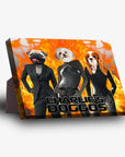 Personalized 3-pet standing canvas featuring a pug, shih tzu, and cavalier king charles spaniel on a fiery background.