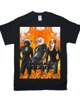 Black Gildan t-shirt with "Charlie's Doggos" design featuring three dogs in suits against a fiery background.